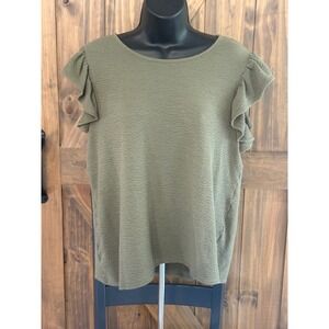 Cato Olive Green Ruffle Sleeve Textured Knit Top Cutout Back Medium